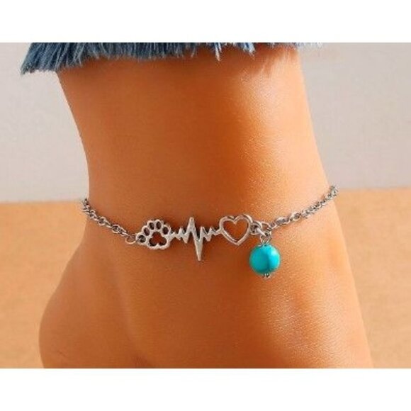 Anklet paw print heartbeat heart with turquoise ball silver - Picture 1 of 1
